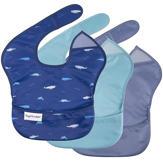 Tiny Twinkle Mess Proof Baby Bibs for Eating – Waterproof, Wipeable Toddler Bibs with Pocket – Baby Food Bibs for Girls & Boys(3 Pack,Ocean Life Set)