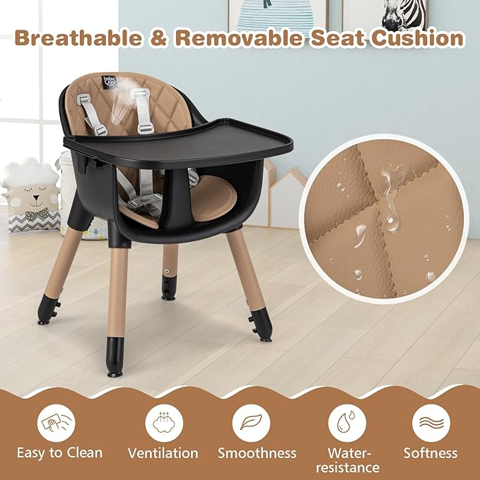 BABY JOY High Chair, 5 in 1 Convertible Highchair for Babies & Toddlers | Booster Seat | Table and Chair Set | Infant Feeding Chair with Removable Tray, Safety Harness, Removable Cushion (Brown)