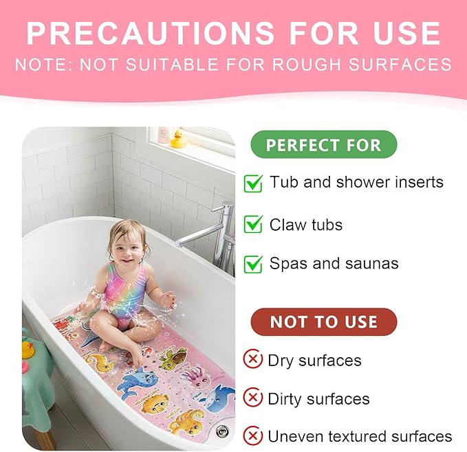 XIYUNTE Baby Bath Mat for Tub Non Slip Kids Bath Mat - 40"x16" Extra Long Bathtub Mat Non Slip Kids, Eco-Friendly Toddler Bath Mats with Suction Cups for Secure Grip, Easy to Clean & Easy Drying