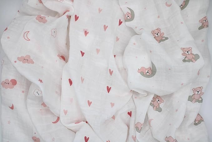 100% Muslin Cotton Baby Receiving Cloths, 3-Pack, 27x27 in (70x70cm), Soft & Gentle for Newborns, Sensitive Skin Safe, For Feeding, Burping & Comfort, 0+ Months (Hearts/Teddy Bear/Clouds)