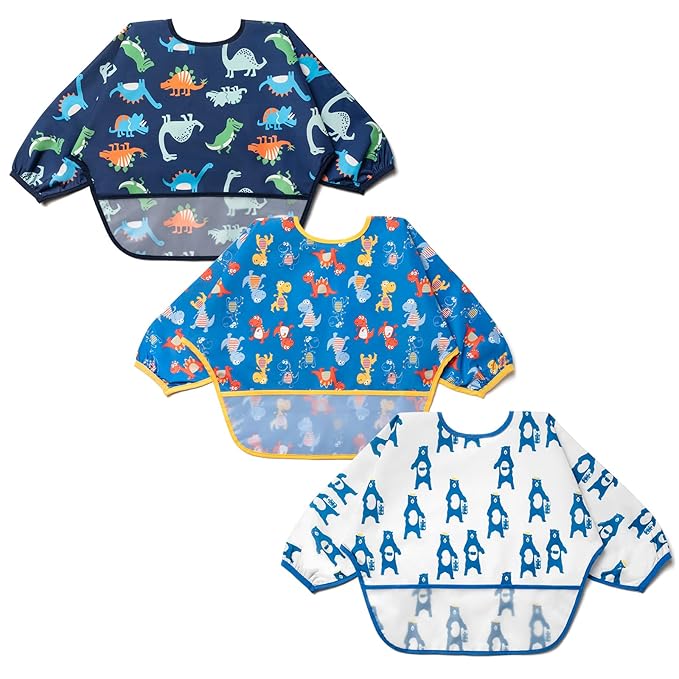 Long Sleeve Bibs For Babies 6-24 Months Full Coverage Shirt Bib for Baby Boys Girls Waterproof Smock Bibs with Sleeves Toddler Mess Free Bib for Eating with Pocket, 3 Pack