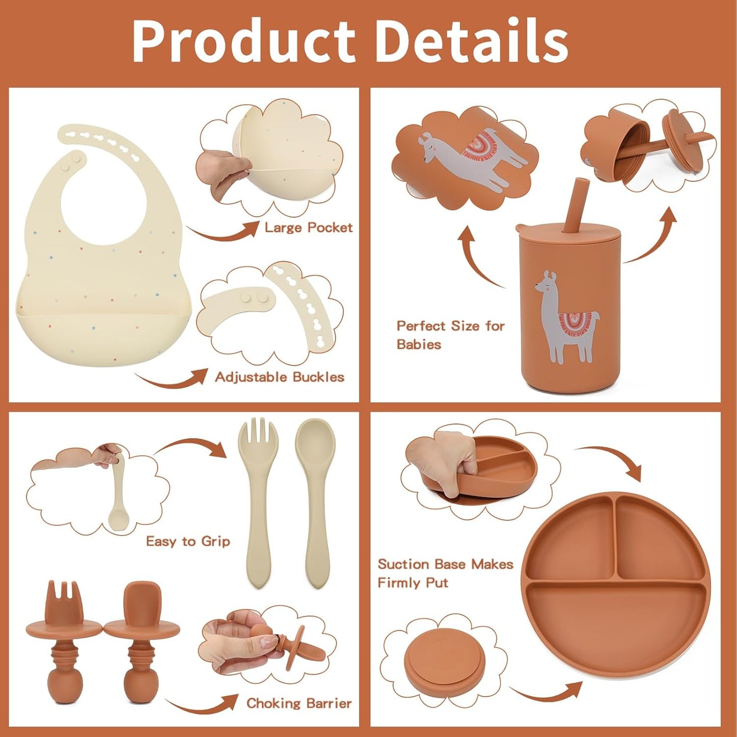 Silicone Baby Feeding Set, Baby Led Weaning Supplies, Baby Spoons Suction Divided Plate Bib Cup, First Stage Solid Food Eating Utensils - 6+ Months(Orange-Beige)