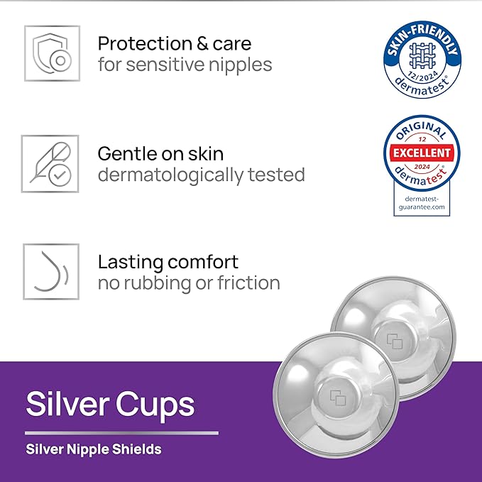 Original Italian Silver Nursing Cups - Nipple Shields for Breastfeeding - Helps Soothe and Protect Sore Nipples - Dermatologically Tested - Medical Device FDA-Registered (Universal Fit)