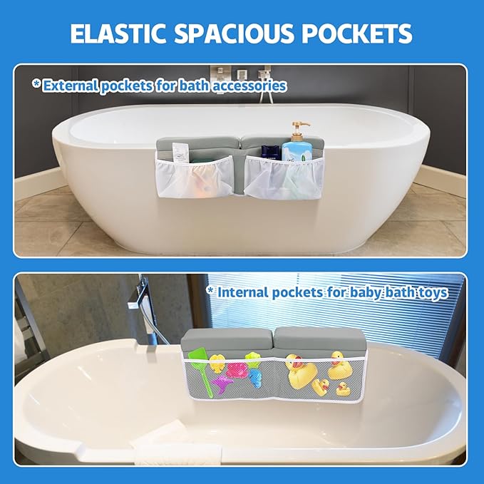 Baby Bath Kneeler and Elbow Rest Pad Set, Super Thick Non-Slip Bathing Kneeling Mat Quick Drying Foldable Knee Pad for Bathing Babies and Toddler Bathing with Toy Organizer Pockets, Gray