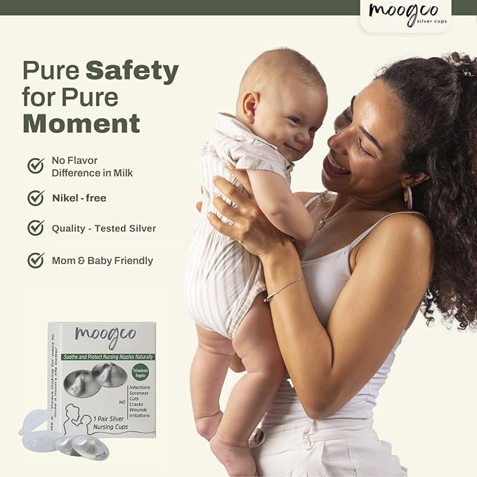 MoogCo The Original Silver Nursing Cups - Nipple Shields for Breastfeeding Newborn - 999k Nipple Cups - Nipple Shield for Nursing Newborn - Silver Nipple Covers for Breastfeeding (Tri-Laminate Silver)