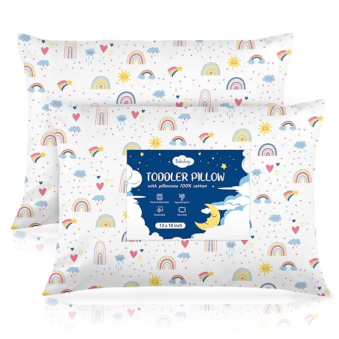 Toddler Pillow,13X18 Toddler Pillows for Sleeping, Machine Washable Kids Pillow with Pillowcase, Perfect for Travel, Toddlers Cot (Sunshine Rainbow)