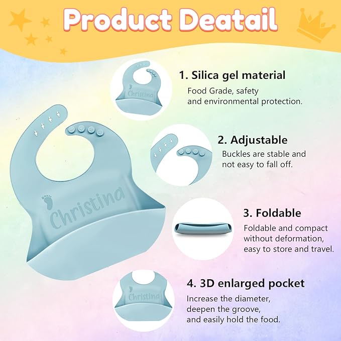 SRdrew Personalized Silicone Bibs Set Custom Engraved Name Icon Toddler Bib Durable Adjustable for Boy Girl