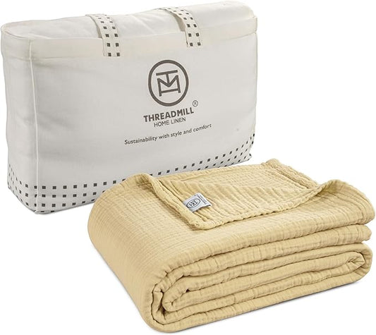 Threadmill King Size Blanket | 4 Layer 100% Cotton Gauze | Lightweight, Breathable, and Cozy Summer |Muslin Blanket for Couch, Bed| Beige
