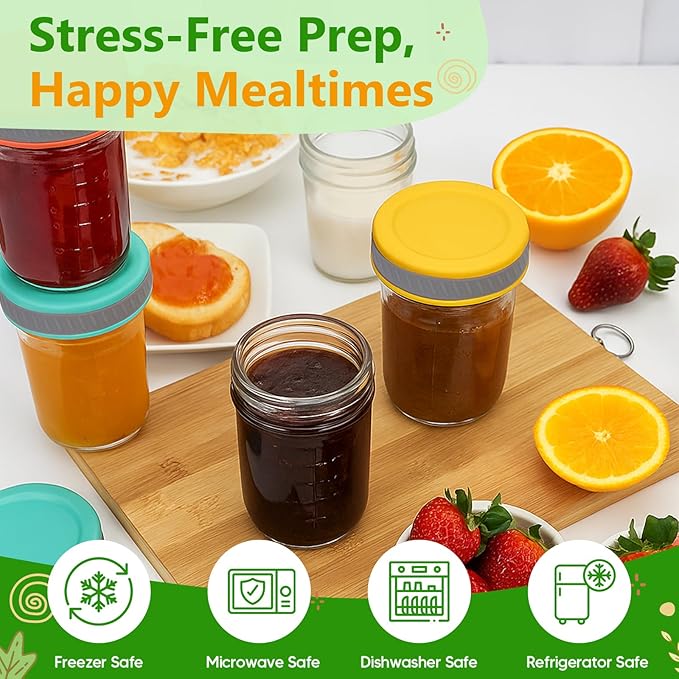 Glass Food Storage Jars with Lids (8 oz, 8-Pack) – Baby Food, Breast Milk, Puree, Reusable Containers for Snacks & Meal Prep, Portion Control & Spice Storage, Freezer, Microwave, Dishwasher Safe