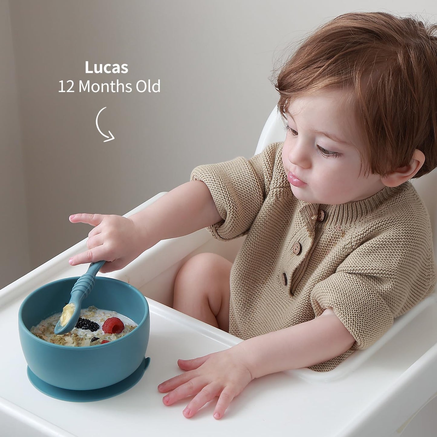 SAMiGO Silicone Baby Bowl and Spoon Set with Suction and Lid, First Stage Self Feeding Essentials, Food Bowl for 6+ Months