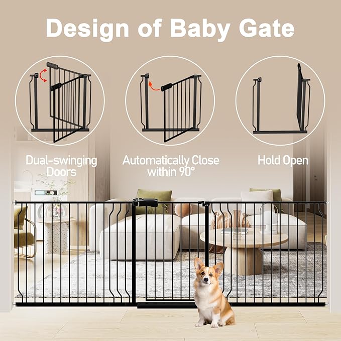 WAOWAO Baby Gate 85.83-95.24" Extra Wide Pressure Mounted Walk Through Swing Auto Close Safety Black Metal Toddler Kids Child Dog Pet Puppy for Stairs,Doorways,Kitchen