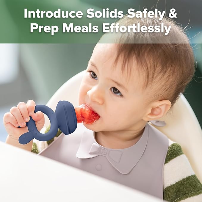 Haakaa Baby Fruit Food Feeder & Mini Freezer Nibble Tray Combo, Breastmilk Popsicle Molds for Baby Cooling Relief, BPA Free Silicone Feeder for Safe Infant Self Feeding, 4 Month+ (Steel Blue)