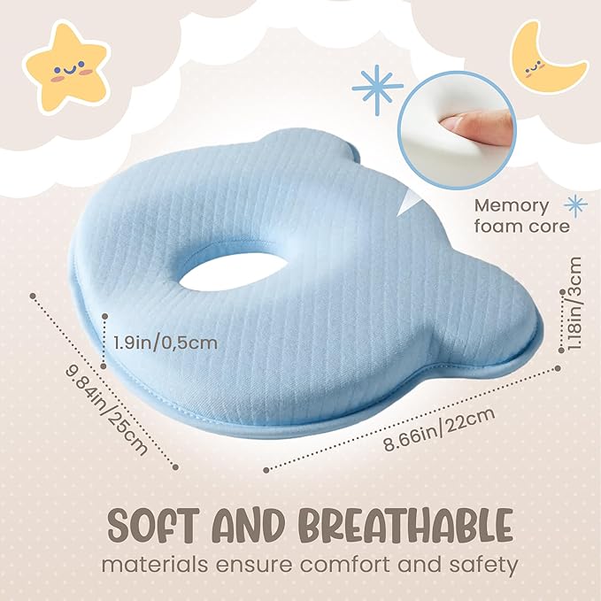 Soft and Breathable Baby Pillow with Memory Foam and Bear Design (Blue)