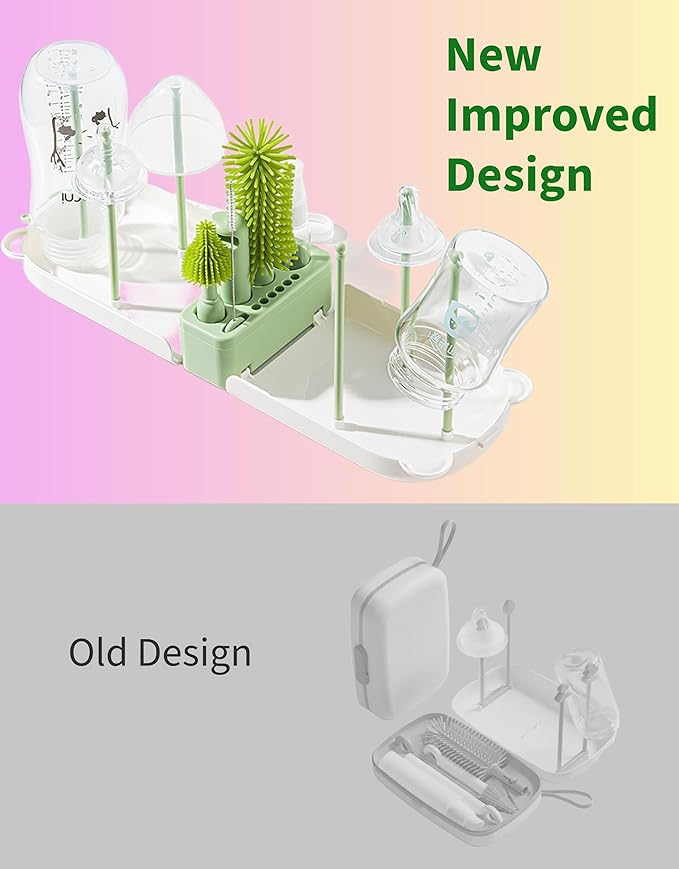 Travel Bottle Cleaner kit, 7in1 Baby Toddler Travel Essential Silicone Bottle Brush Set, Nipple, Drying Rack, Straw, & Breast Pump Cleaning, Soap Dispenser & Organizer Case, Gift for Mom