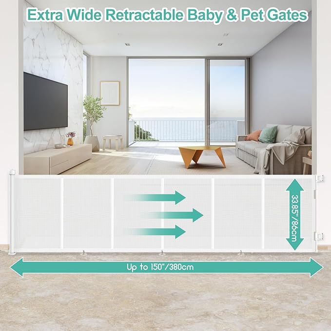 Upgrade 150 inch Retractable Baby Gates, EZIGO Extra Wide Baby Gate for Large Opening Extra Long Mesh Gate for Kids or Pet Dog Gate Child Safety Gate for Stairs Hallways Doorway Indoor Outdoor, White