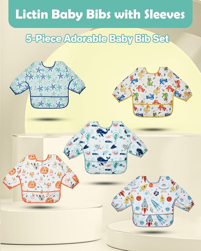 Lictin Long Sleeve Bibs 5 Pack - Baby Bibs, Waterproof Toddler Bibs, Baby Smock for Eating, Baby Bibs for Feeding Teething