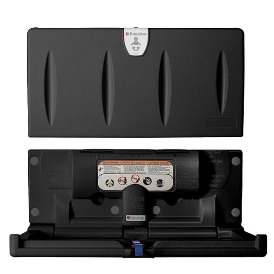 Foundations Classic Horizontal Wall-Mounted Baby Changing Station for Commercial Restrooms, Includes One Handed Adjustable Safety Strap & Liner Dispenser, Black (100-EH-02)