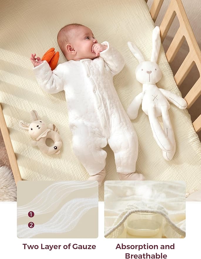 Momcozy Muslin Standard Fitted Crib Sheets, 52"x28", 2 Pack Soft Breathable Natural Cotton Baby Mattress Sheet, 360° Mattress Wrapping No Slip Boys Girls Neutral Toddler Bed Sheet, Bravery Giraffe