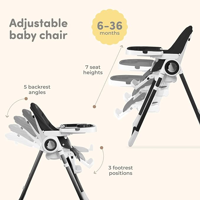Baby High Chair Adjustable to 7 Different Heights - Foldable High Chairs for Babies and Toddlers - Silla para Comer de Bebe - Black