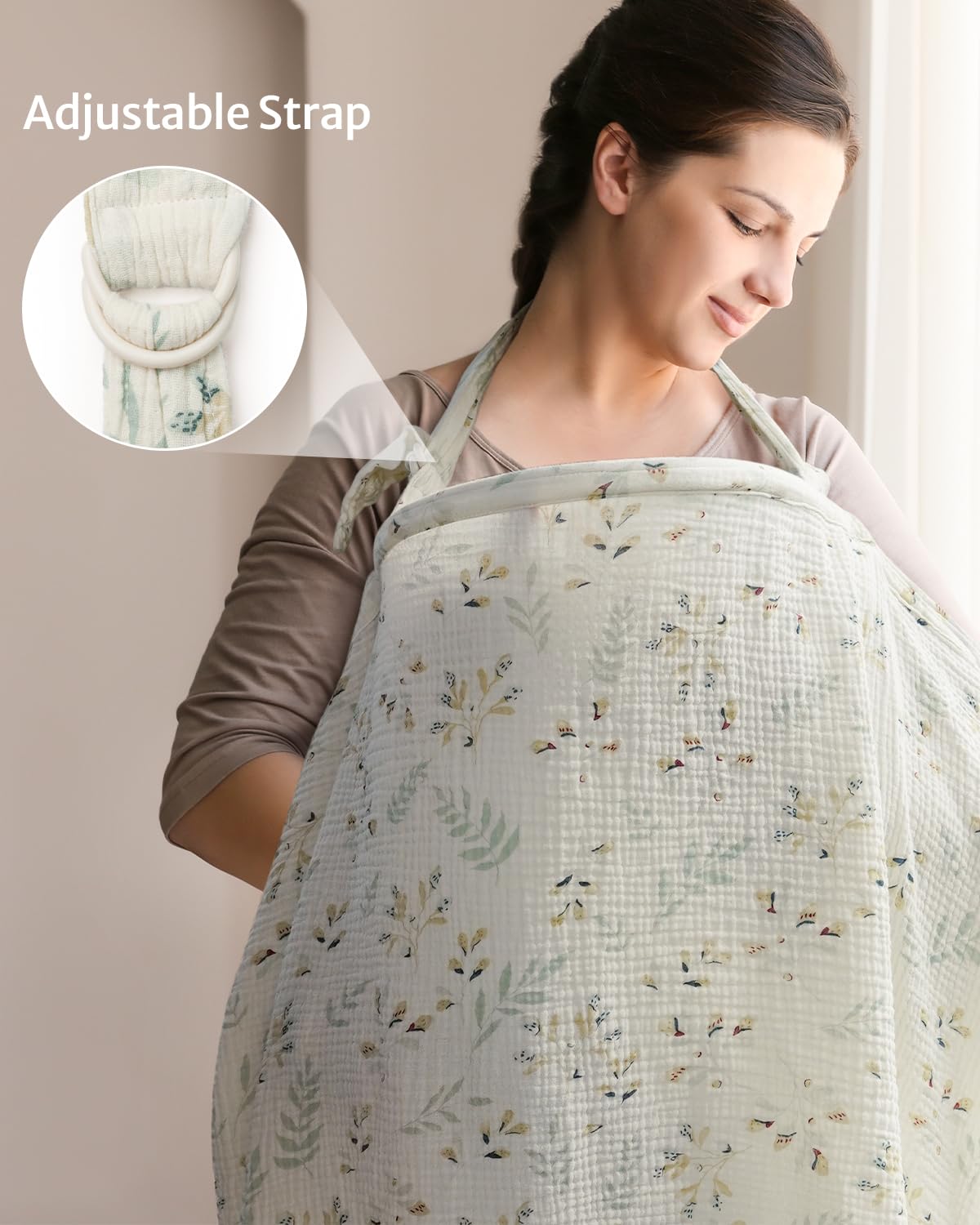 Blissful Diary Muslin Nursing Cover for Breastfeeding, Breathable Breastfeeding Cover up with Arch Neckline for Women, Nursing Apron (Botanical Leaf)