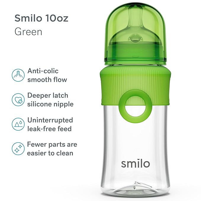 Smilo Baby Bottle Set with Stage 0 Slow Flow Anti Colic Nipple, 10 Oz / 300 ml Capacity, 3X Pack of Anti Colic Baby Bottles 0-3 Months - Green