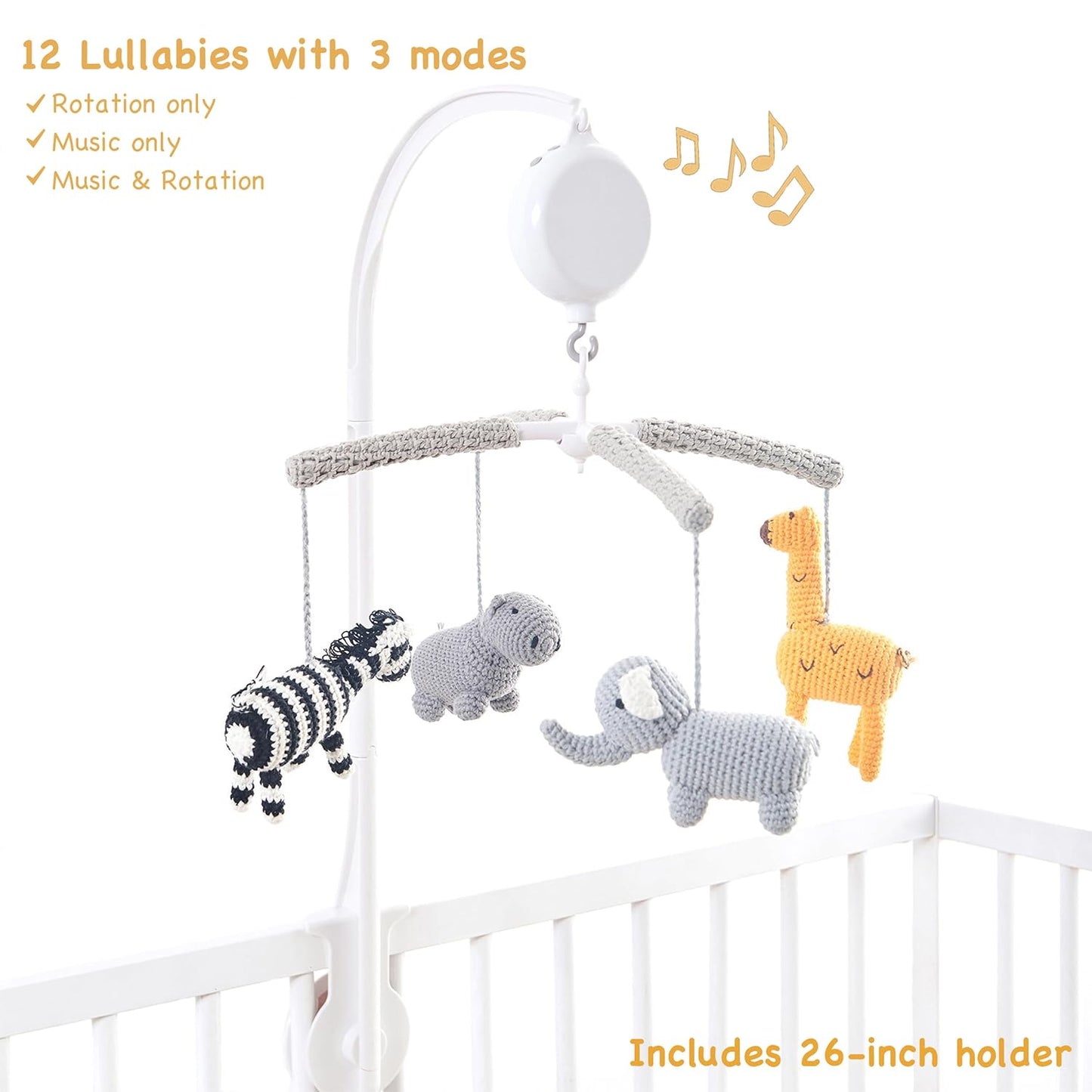 Joliecraft Woodland Safari Musical Baby Crib Mobile, Handmade Nursery Mobile Decor in White and Gray