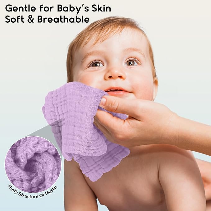 Muslin Baby Washcloths 6 Pack, 100% Cotton Wash Cloths for Babies, Large 12''X12'' Burp Cloths Absorbent and Soft for Newborn Infants Kids Boys Girls - Gradient Purple