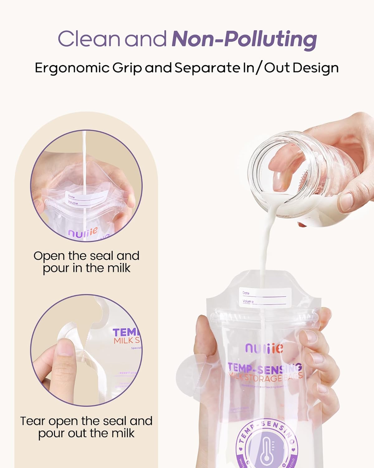 Nuliie 60pcs Temp-Sensing Breastmilk Storage Bag, Huge Temp-Sensing Icon & Locking Clamp, 6oz Breast Milk Storage Bags Freezer Pour Spout, Self Standing Milk Storage Bags Breastmilk, BPA-Free No-Leak