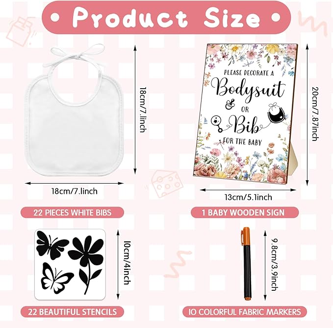 Newwiee 55 Pcs White Bibs for Baby Decorating Design a Bib Decorate Plain newborns Bibs Wooden Sign for Baby Shower Games Kit