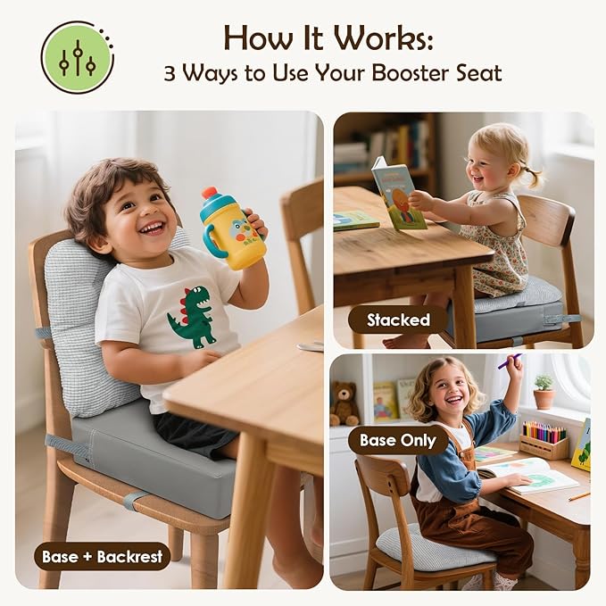 Booster Seat for Kitchen Chair with Comfy Backrest Pillow and Adjustable Safety Buckles,Non-Slip Kid Toddler Booster Seat for Dining Table, PU Travel Baby Booster Cushion Chair