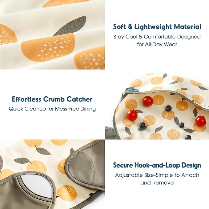 GRSSDER 3-pack Mess Proof Baby Feeding Bibs with Food Catcher Pocket, Soft Lightweight Waterproof Fabric Material with Zero Plastic-like Feel, Adjustable and Easy Clean Toddler Bibs for 6-36 Months