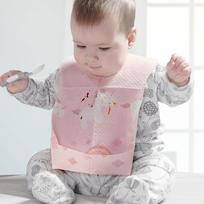 SUNVENO Disposable Baby Bibs with Crumb Catcher Pocket, Leakproof Liner, Adjustable Adhesive Tabs, Individually Wrapped