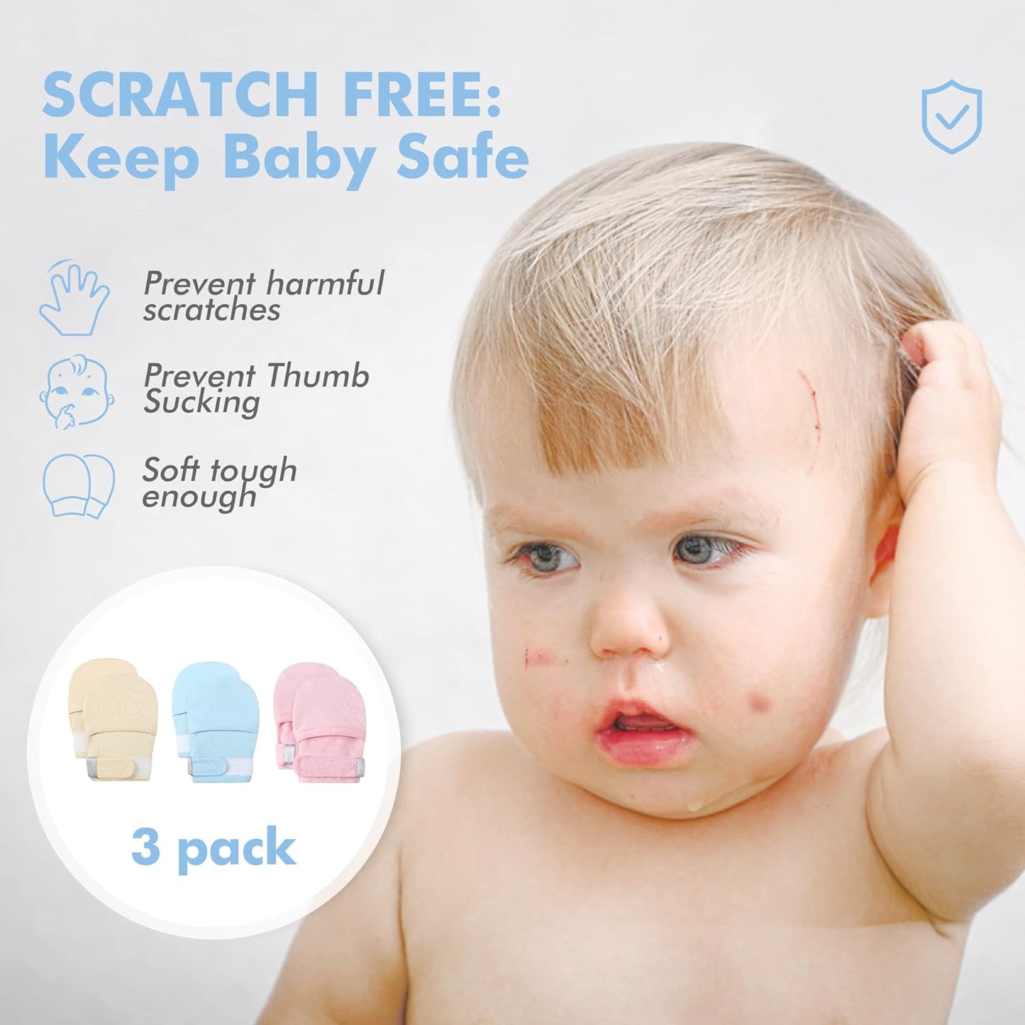 HAPIU Baby No Scratch Mittens Stay On, 100% Cotton Breathable, Adjustable Infant Gloves for Boys Girls, Newborn - 12 M