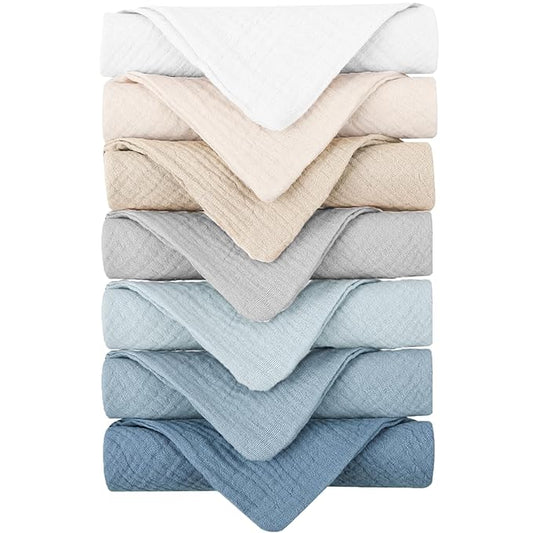 Konssy Baby Muslin Washcloths 7-Pack, 100% Cotton Baby Bath Washcloths, Soft & Absorbent Wash Cloths and Burp Cloths for Newborn Kids Girls & Boys, 11x11 inches