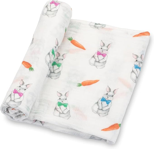 LollyBanks Swaddle Blanket, 100% Cotton Muslin Swaddle Blankets, Neutral Swaddle Blanket 47 x 47 Inches, Baby Blanket for Boys and Girls, Baby Essentials, Registry (Bunny Print)