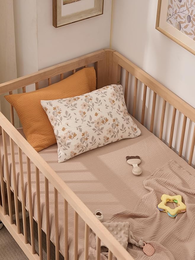 TILLYOU Muslin Toddler Pillowcase 2 Pack, 13x18 Soft Travel Cotton Pillow Case Kids for Boys and Girls, Yellow Flower