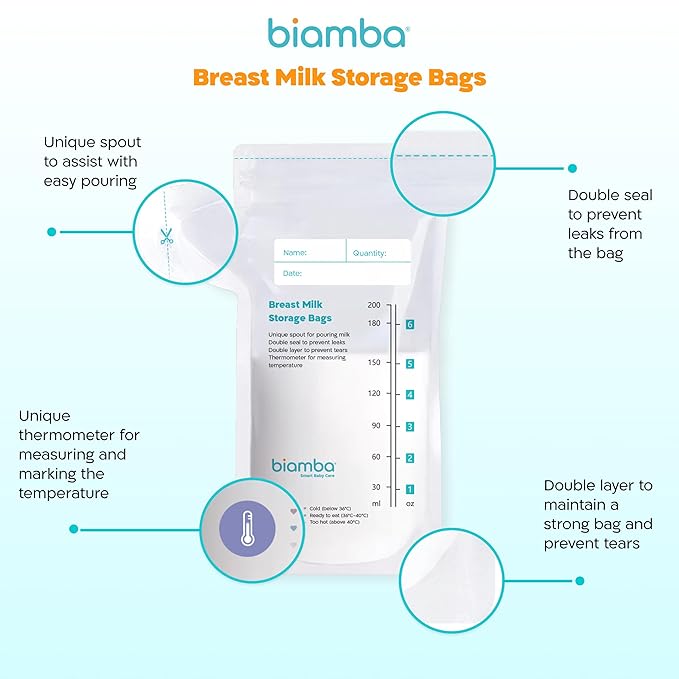 50-Piece Milk Storage Bags Breastmilk by Biamba - Breastmilk Storage Bag Freezer BPA-Free, Double Seal Leak-Resistant, Temperature Indicator, Easy Pour Spout, Pre-Sterilized, 200ml / 6.7 Fl.oz Per Bag