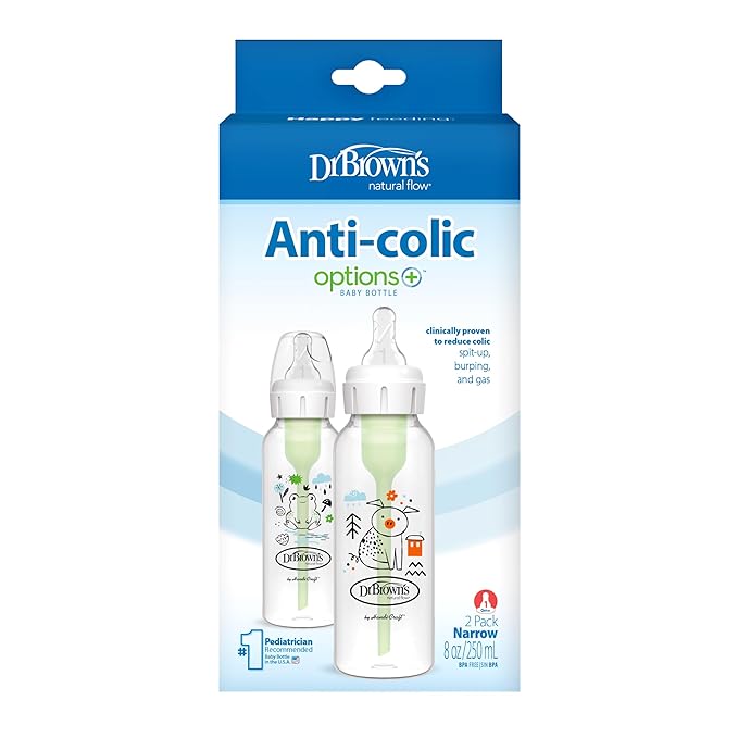 Dr. Brown's Natural Flow Anti-Colic Options+ Narrow Baby Bottle, Pig & Frog, 8 oz/250 mL, with Level 1 Slow Flow Nipple, BPA Free, 0m+, (Pack of 12)