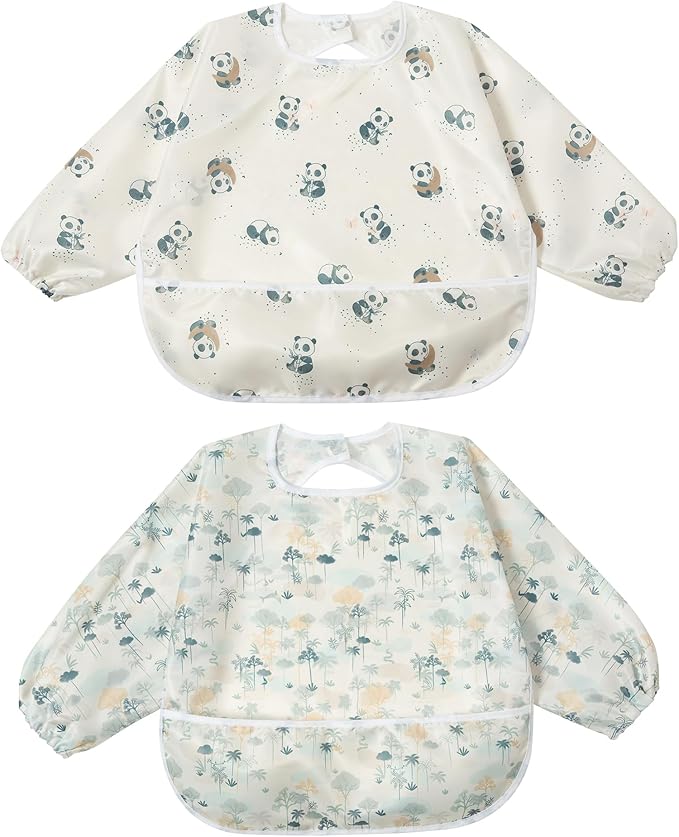 Little Dimsum Baby Bib with Pocket Waterproof Toddler Bibs Infant Feeding Bibs for Boys and Girls, Pack of 2 Colors