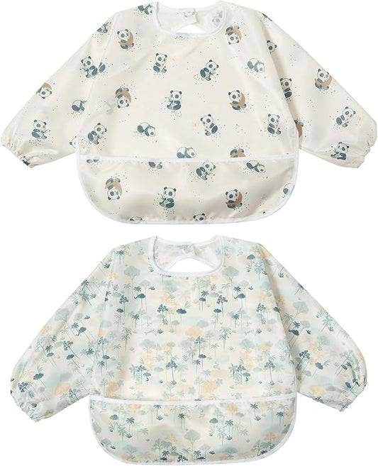 Little Dimsum Baby Bib with Pocket Waterproof Toddler Bibs Infant Feeding Bibs for Boys and Girls, Pack of 2 Colors