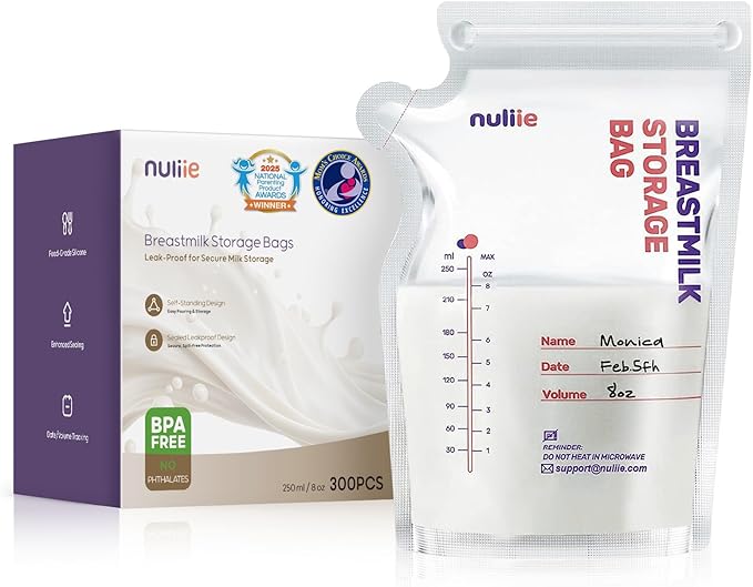 Nuliie 300 Pcs Breastmilk Storage Bags, 8 OZ Breast Milk Storing Bags, BPA-Free, Milk Storage Bags with Pour Spout for Breastfeeding, Self-Standing Bag, Space Saving Flat Profile