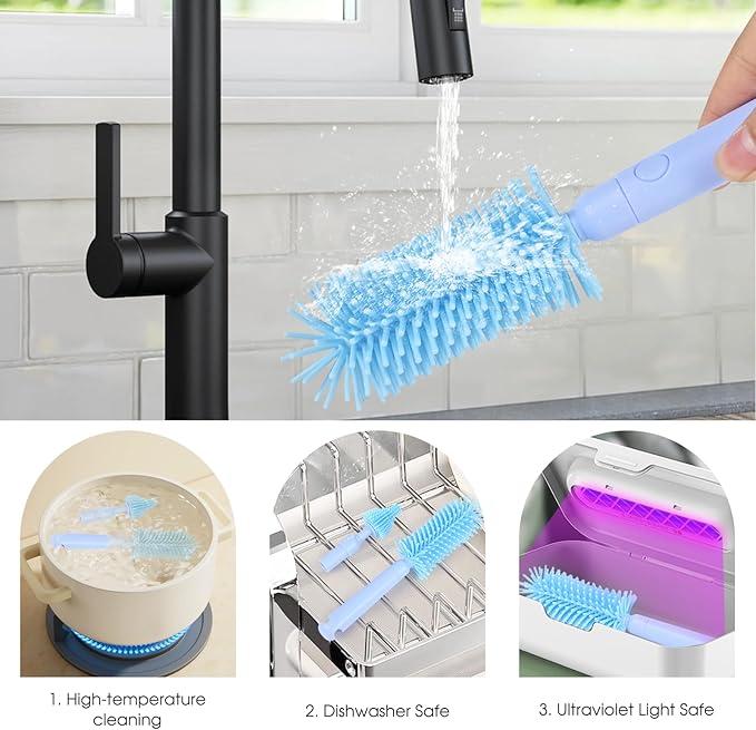 Portable Baby Bottle Brush Set, 7-in-1 Travel Baby Bottle Cleaning Kit, Portable Bottle Washing Kit with Silicone Bottle Brush, Nipple Brush, Straw Brush, Drying Rack for Home and Travel (Blue)