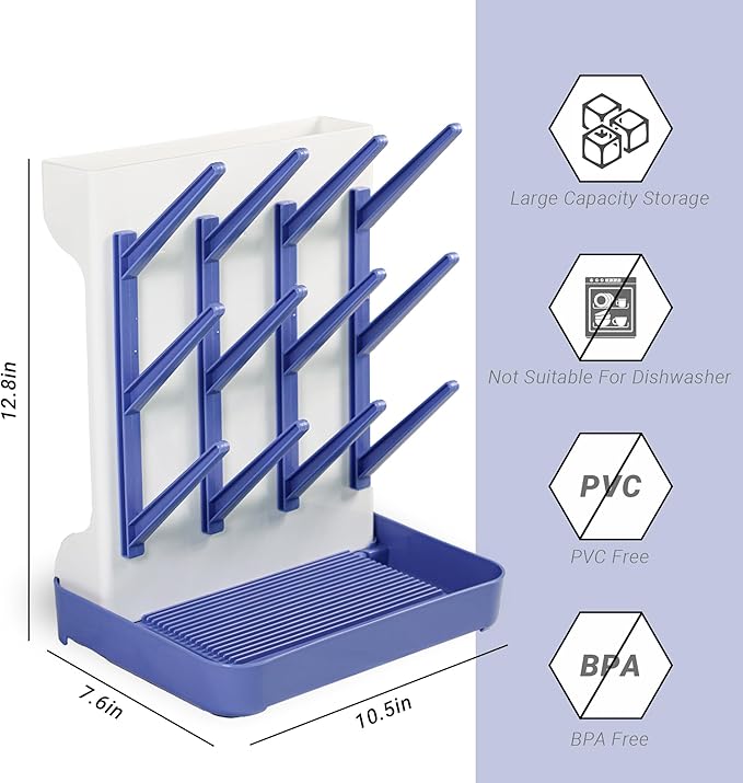 Baby Bottle Drying Rack: Vertical Space Saving Standing Bottle Organizer for Countertop – Holds Glass Baby Bottles, Utensils, Pump Parts, Brushes & Pacifiers, Kitchen – Premium Material (1, Blue)