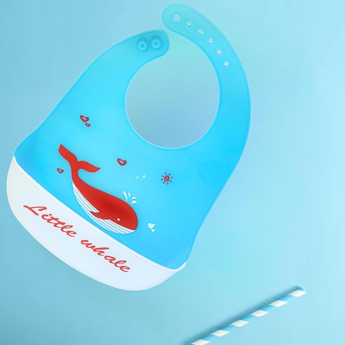 Silicone Baby Bibs Unisex, Self-Feeding, Catch-all Large Pocket, 6-48 months, BPA-Phthalate Free, w/Travel Case