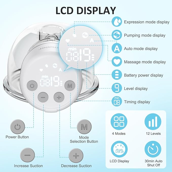 Wearable Breast Pump, Hands Free Breast Pump, Portable Electric Pump with LED Display, Ultra-Quiet and Pain Free- 4 Modes & 12 Levels, 24mm Flange, 2 Pack