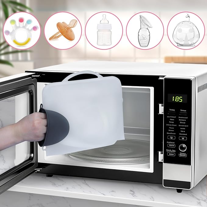 Silicone Microwave Steam Sterilizer Bags with Mini Oven Gloves, ZÜCÜBéBé Reusable Silicone Steaming Bags for Baby Bottles, Breast Pump, Accessories, Great for Home and On-The-Go, White (2PC)