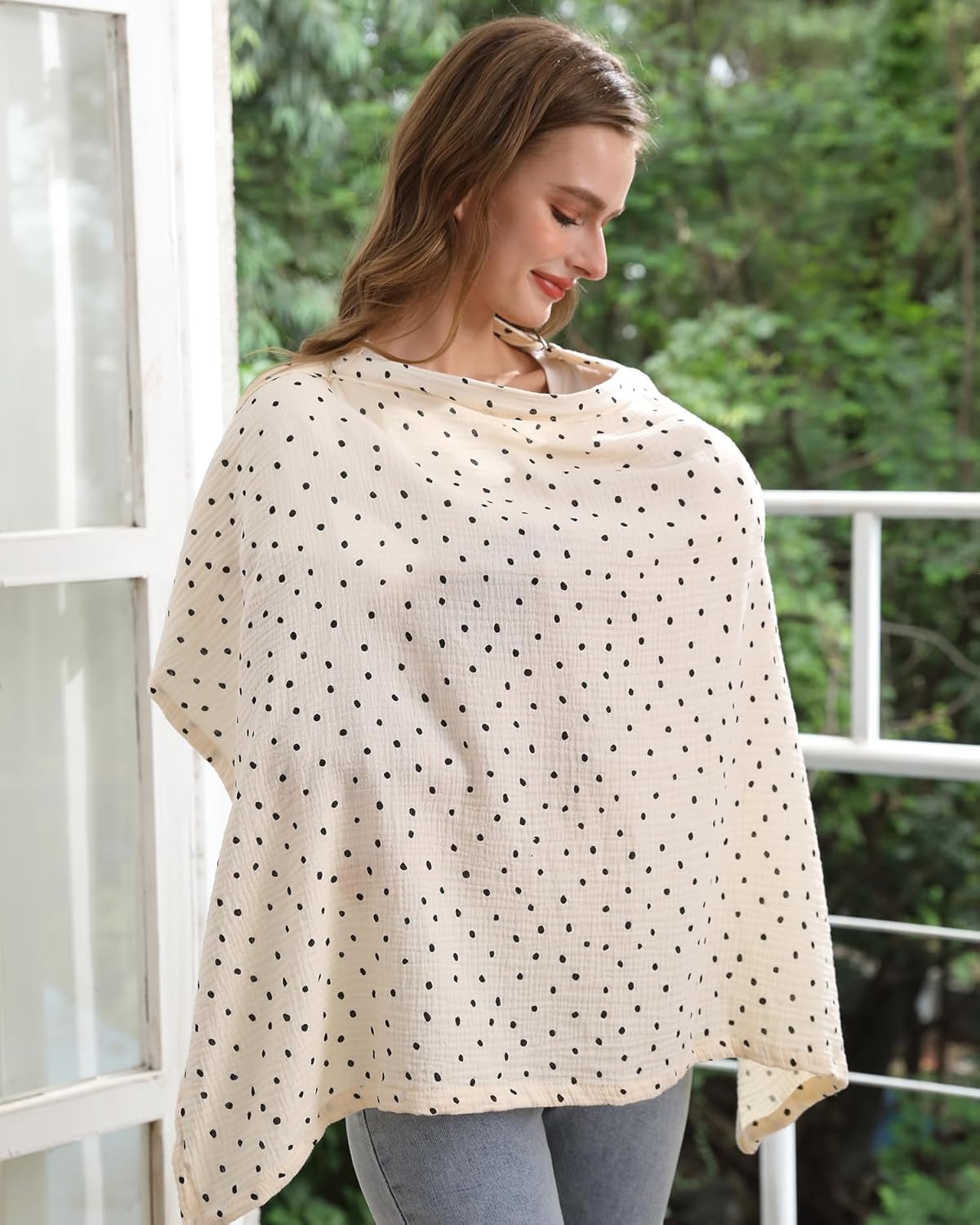 Nursing Cover for Baby Breastfeeding with Rigid Hoop, Breathable Soft 100% Muslin Cotton, Baby Breast Feeding & Pumping Apron (Beige Polka dots)