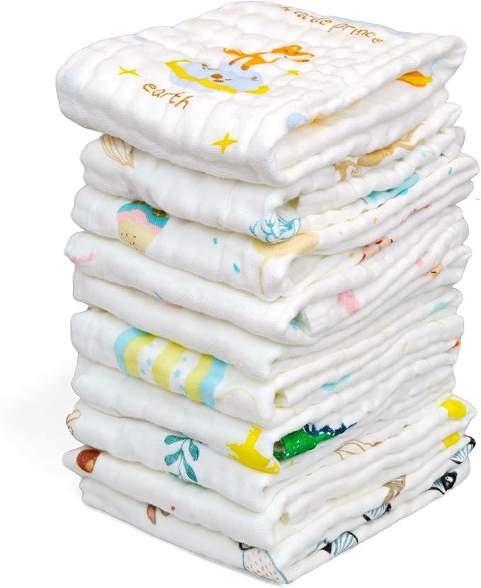 FOOK FISH Muslin Burp Cloths Large 20''x10'' 10 Packs for Baby Spit Up Cloths for Newborn,Absorbent,Soft,Large,6 Layers Baby Burp Rags,Unisex,for Boys and Girls (Animals)