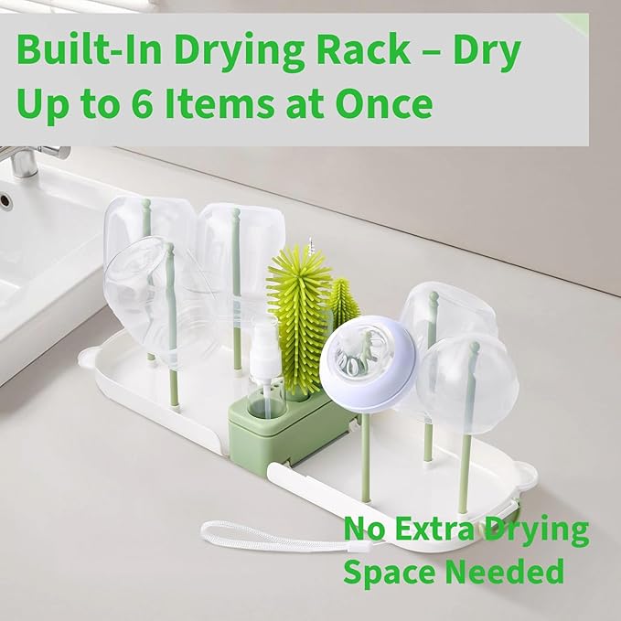 Travel Bottle Cleaner kit, 7in1 Baby Toddler Travel Essential Silicone Bottle Brush Set, Nipple, Drying Rack, Straw, & Breast Pump Cleaning, Soap Dispenser & Organizer Case, Gift for Mom