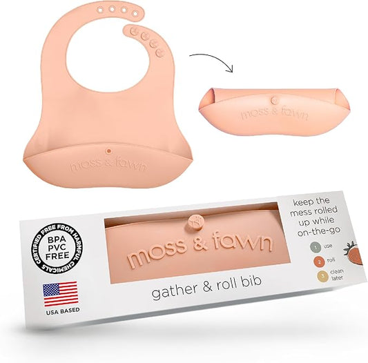 Moss and Fawn Gather & Roll Bib - Washable Waterproof Silicone Baby Feeding Bib - BPA, Lead, & PVC-Free